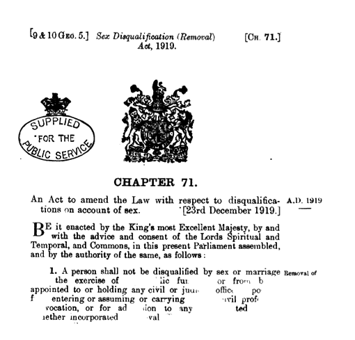 Passing of the Sex Disqualification (Removal) Act